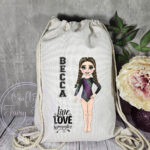 personalised gymnast in pink stripe leotard drawstring bag