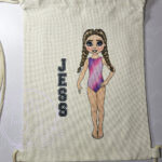 personalised gymnast dancer in squiggle/pink stripe/rainbow leotard drawstring bag