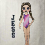 personalised gymnast dancer in squiggle/pink stripe/rainbow leotard drawstring bag