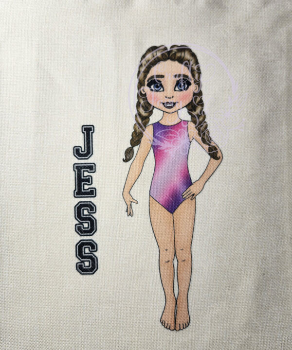personalised gymnast dancer in squiggle/pink stripe/rainbow leotard drawstring bag
