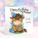 personalised highland cow with blue forget me not flowers birthday card