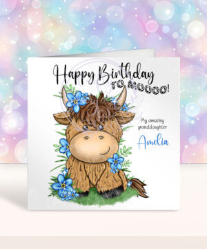 personalised highland cow with blue forget me not flowers birthday card