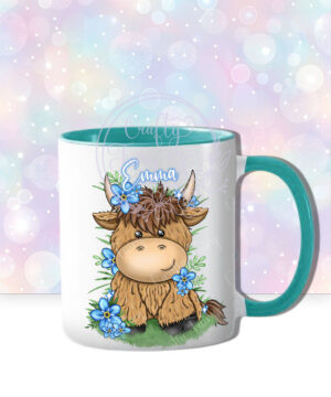 personalised highland cow with blue forget me not flowers mug gift