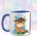 personalised highland cow with blue forget me not flowers mug gift