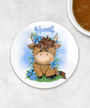 personalised highland cow with blue forget me not flowers coaster gift