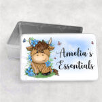 personalised highland cow with blue forget me not flowers medium tin