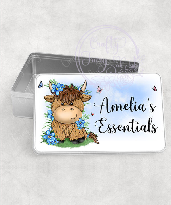 personalised highland cow with blue forget me not flowers medium tin