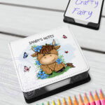 personalised highland cow with blue forget me not flowers memo note holder
