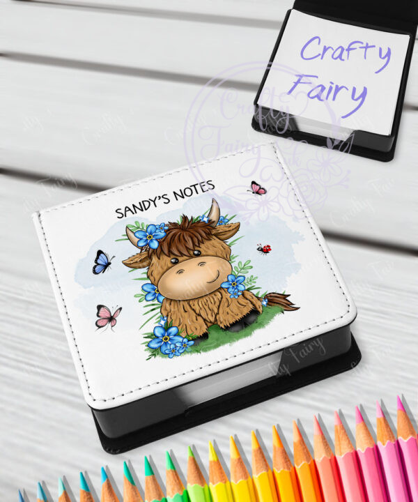personalised highland cow with blue forget me not flowers memo note holder