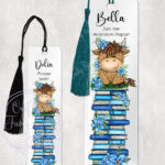 personalised highland cow with blue forget me not flowers metal bookmark