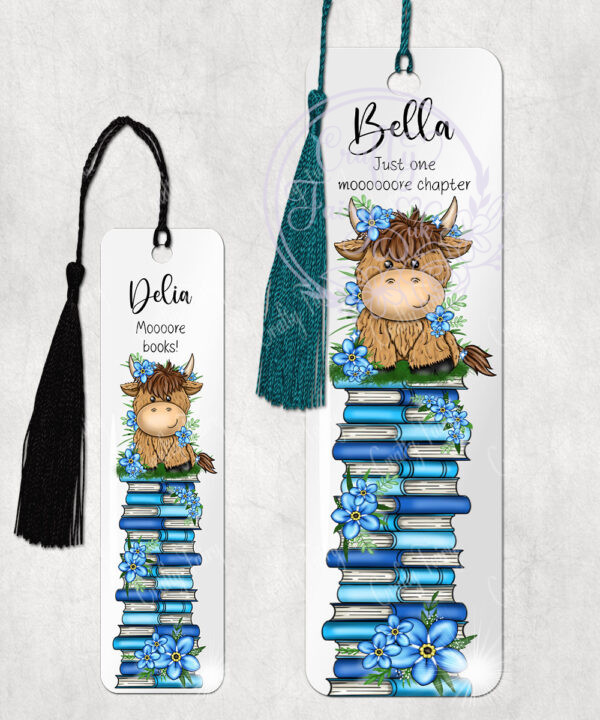 personalised highland cow with blue forget me not flowers metal bookmark