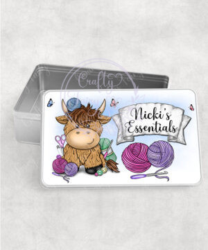 personalised crochet highland cow medium tin