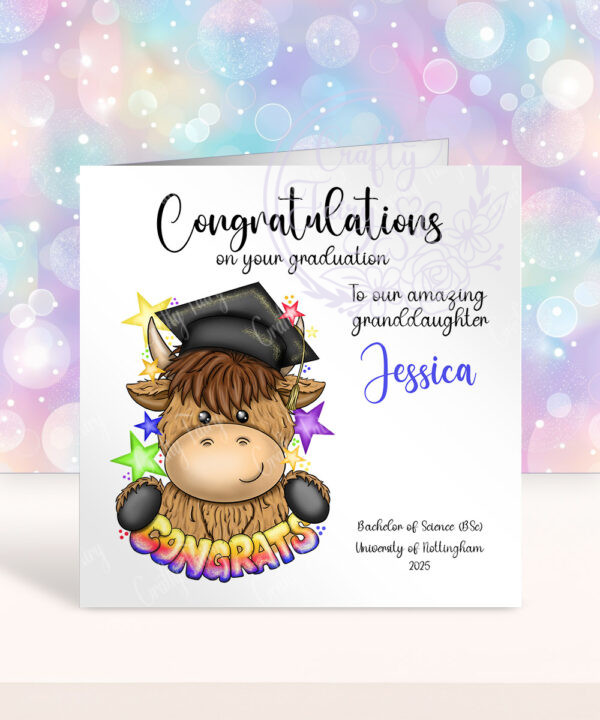 personalised congrats graduation highland cow birthday card