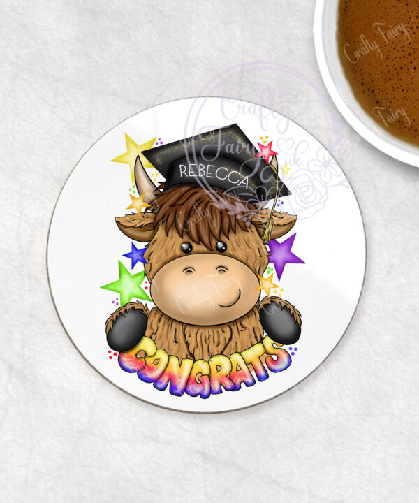 personalised congrats graduation highland cow coaster gift