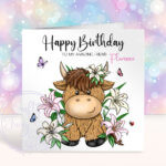 personalised highland cow with pink lily flowers birthday card