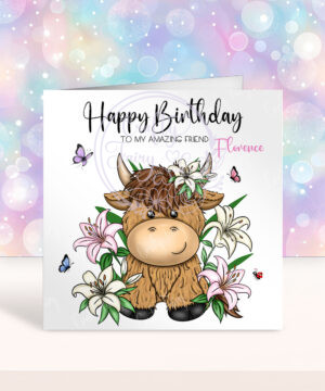 personalised highland cow with pink lily flowers birthday card