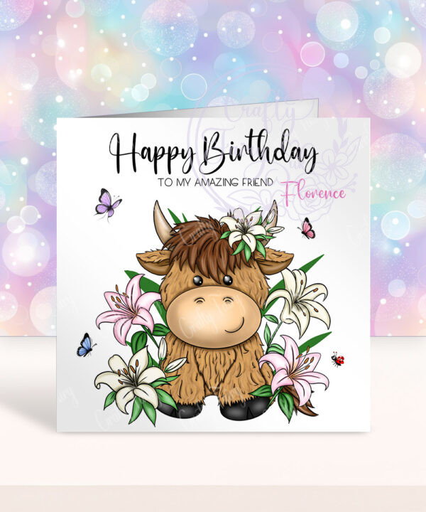 personalised highland cow with pink lily flowers birthday card