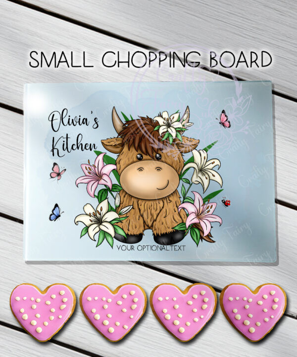 personalised highland cow with pink lily flowers glass chopping board or worktop protector