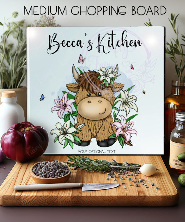 personalised highland cow with pink lily flowers glass chopping board or worktop protector