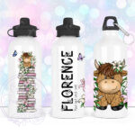 personalised highland cow with pink lily flowers 600ml water bottle