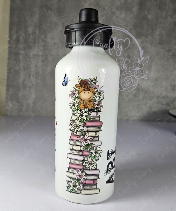 personalised highland cow with pink lily flowers 600ml water bottle