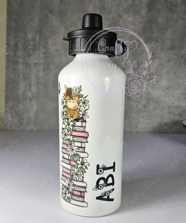 personalised highland cow with pink lily flowers 600ml water bottle