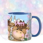 personalised highland cow trio with pink lily flowers blue sky mug gift
