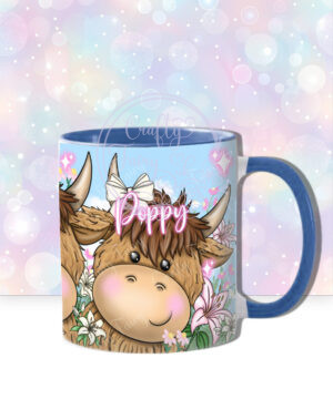 personalised highland cow trio with pink lily flowers blue sky mug gift