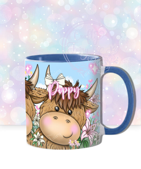 personalised highland cow trio with pink lily flowers blue sky mug gift