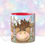 personalised highland cow trio with pink lily flowers blue sky mug gift