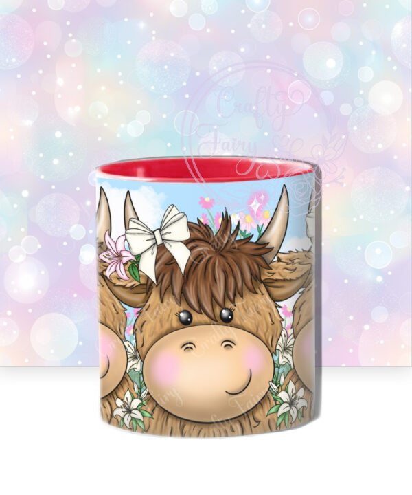 personalised highland cow trio with pink lily flowers blue sky mug gift
