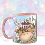 personalised highland cow trio with pink lilies blue sky mug gift