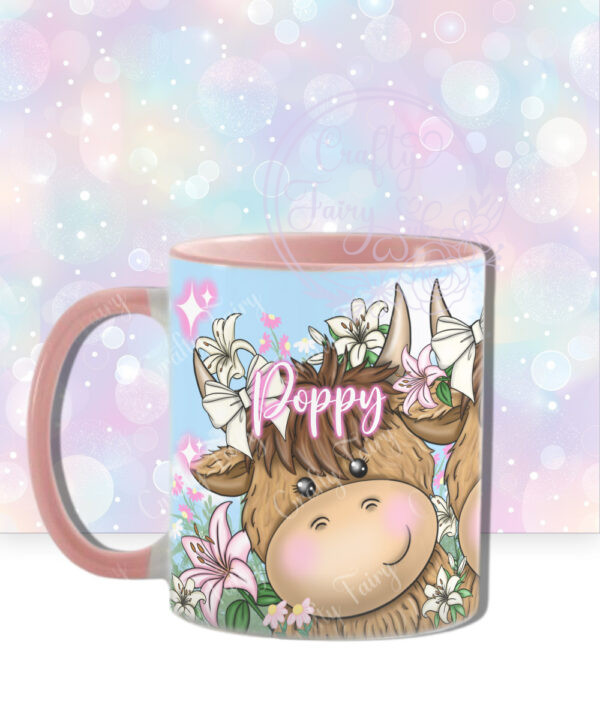 personalised highland cow trio with pink lilies blue sky mug gift