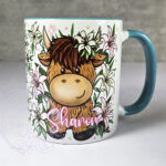 personalised highland cow with pink lilies mug gift