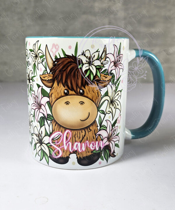 personalised highland cow with pink lilies mug gift