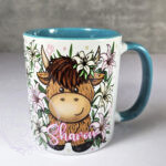 personalised highland cow with pink lilies mug gift