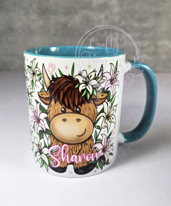 personalised highland cow with pink lilies mug gift