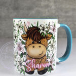 personalised highland cow with pink lilies mug gift