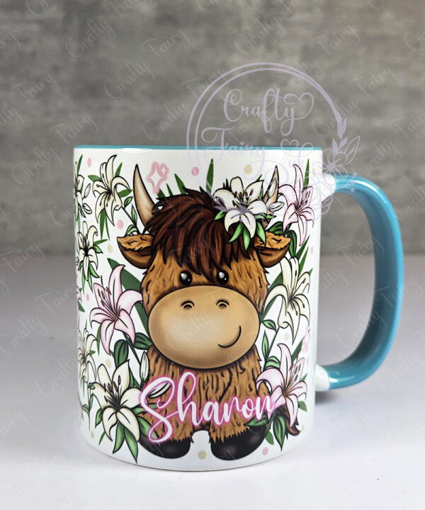 personalised highland cow with pink lilies mug gift
