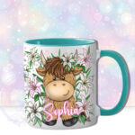 personalised highland cow with pink lilies mug gift