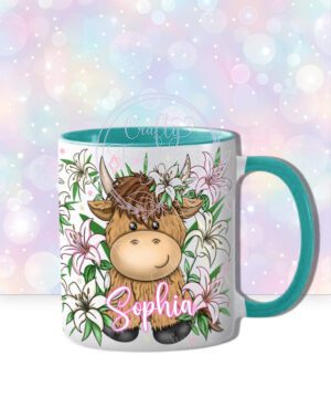 personalised highland cow with pink lilies mug gift