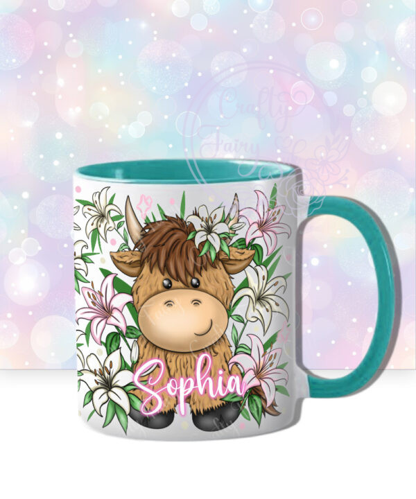 personalised highland cow with pink lilies mug gift