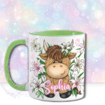 personalised highland cow with pink lilies mug gift