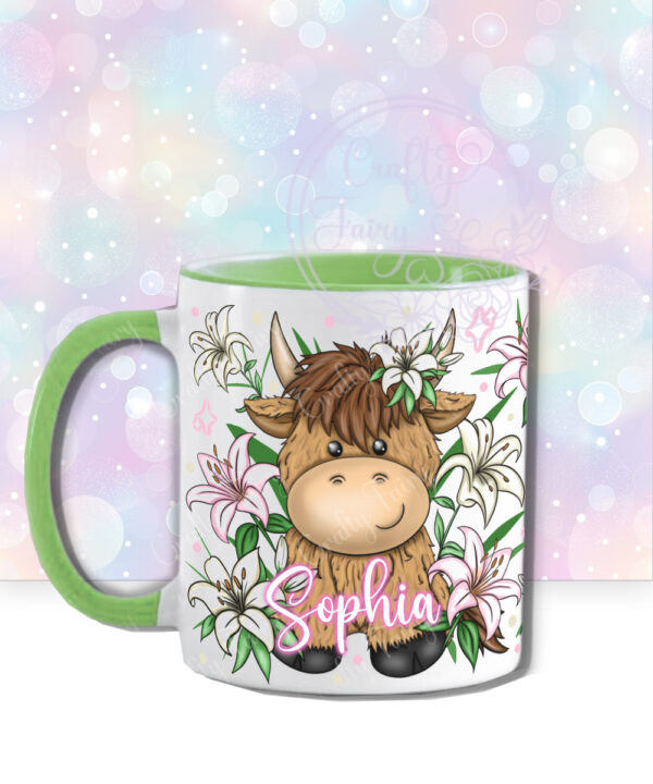 personalised highland cow with pink lilies mug gift