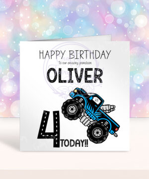 personalised bright monster trucks boy's birthday card