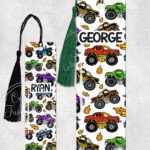 personalised bright monster trucks boy's metal bookmark