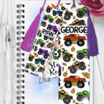 personalised bright monster trucks boy's metal bookmark
