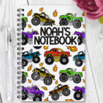 personalised bright monster trucks boy's a5 notebook gift