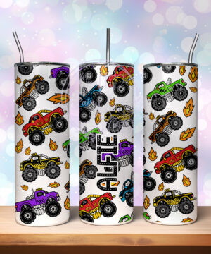 personalised bright monster trucks boy's 600ml 20oz straight tumbler
