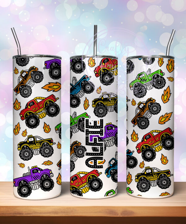 personalised bright monster trucks boy's 600ml 20oz straight tumbler